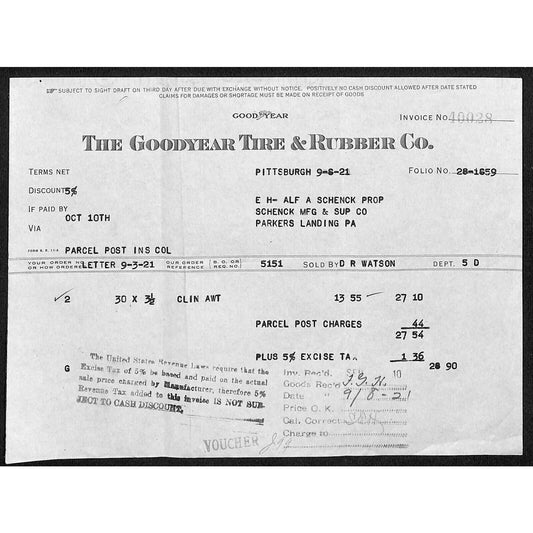 Goodyear Tire & Rubber Co Schenck Mfg Parkers Landing, PA 9/3 1921 Billhead