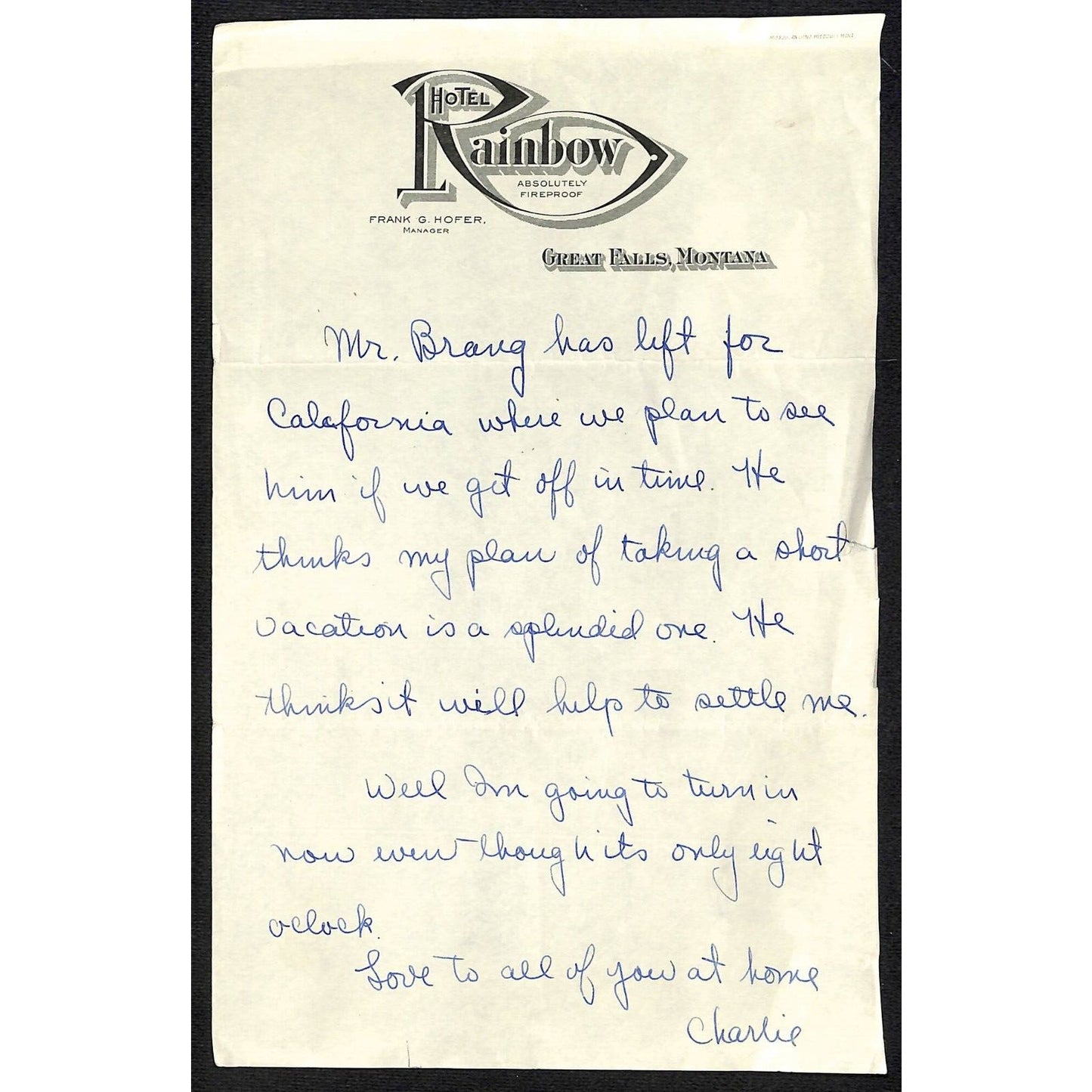 Hotel Rainbow Great Falls, MT 3pp ALS "Dearest Dad" Letter on Hotel Stationary