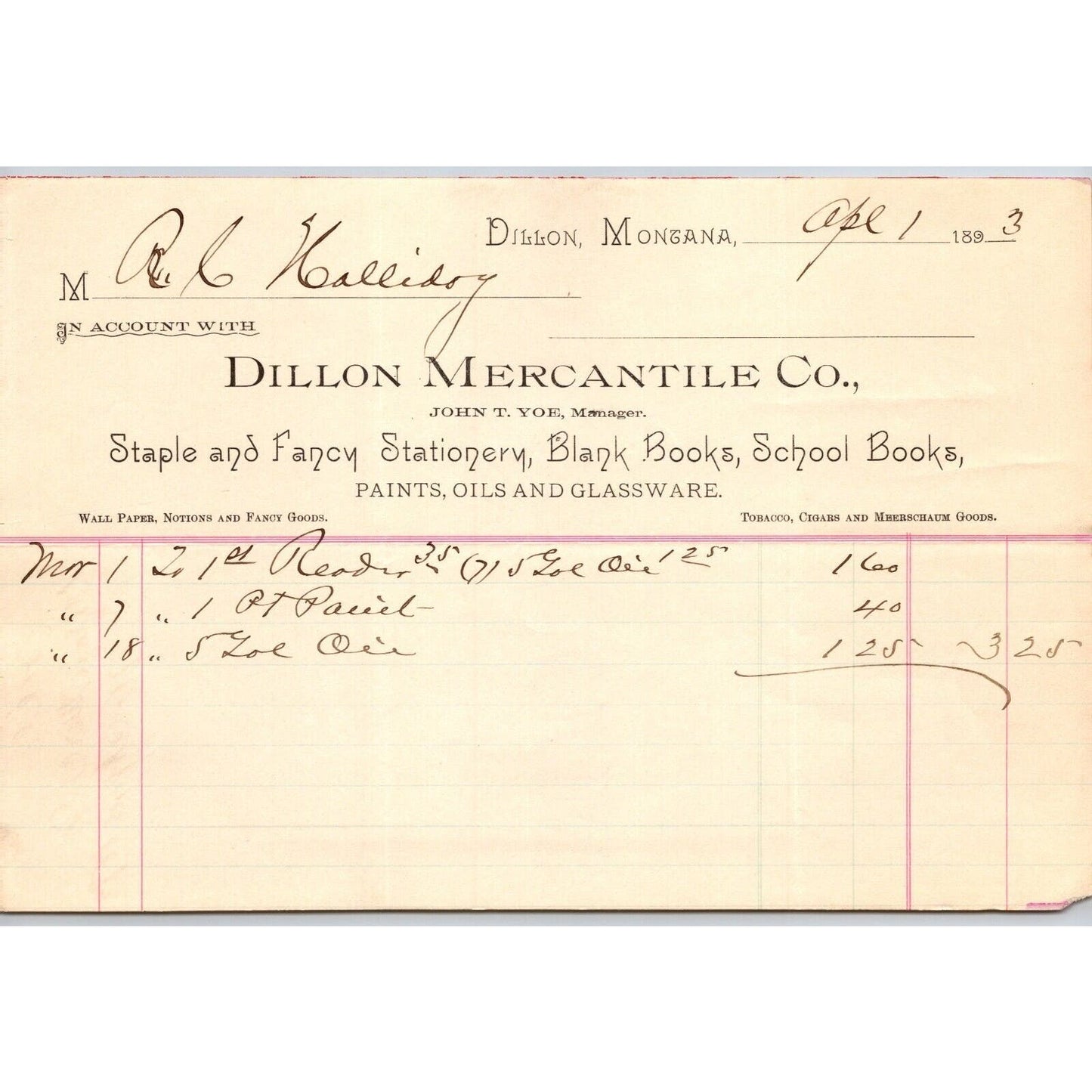 Dillon, MT Dillon Mercantile Co. Stationary Books 1893 Billhead R.C. Halliday*