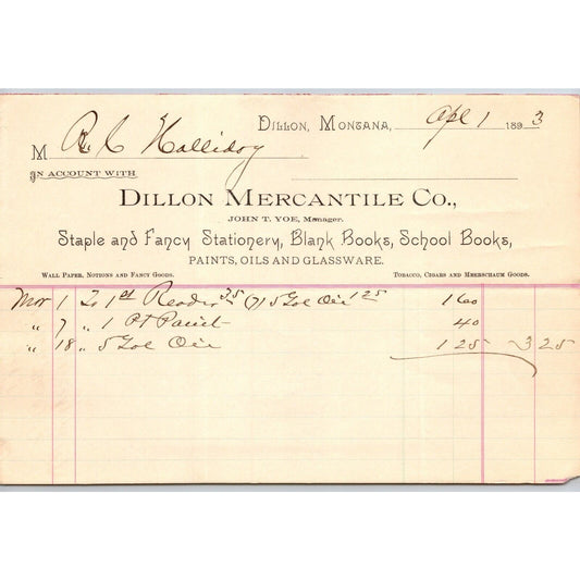 Dillon, MT Dillon Mercantile Co. Stationary Books 1893 Billhead R.C. Halliday*