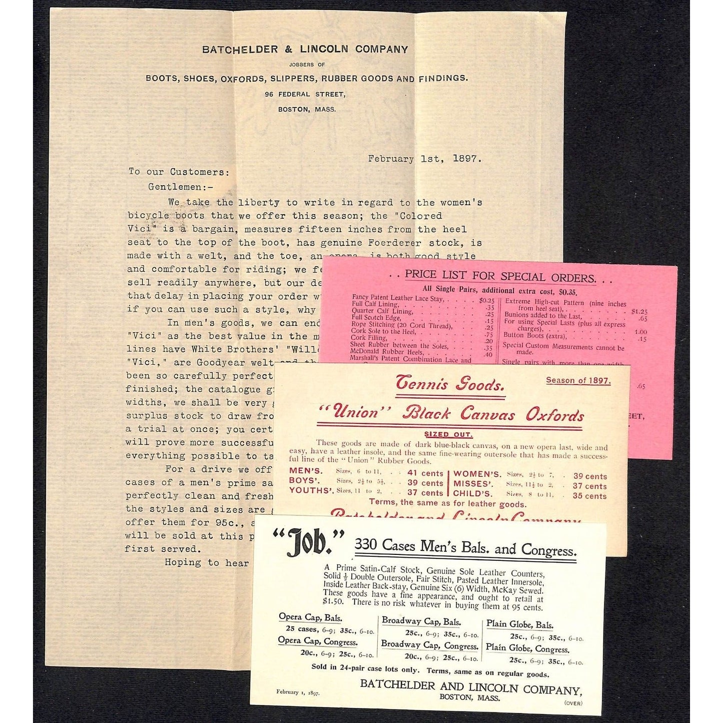 Batchelder & Lincoln Co. Boston 1897 Letterhead, Cards & Cover Bicycle Boots VGC