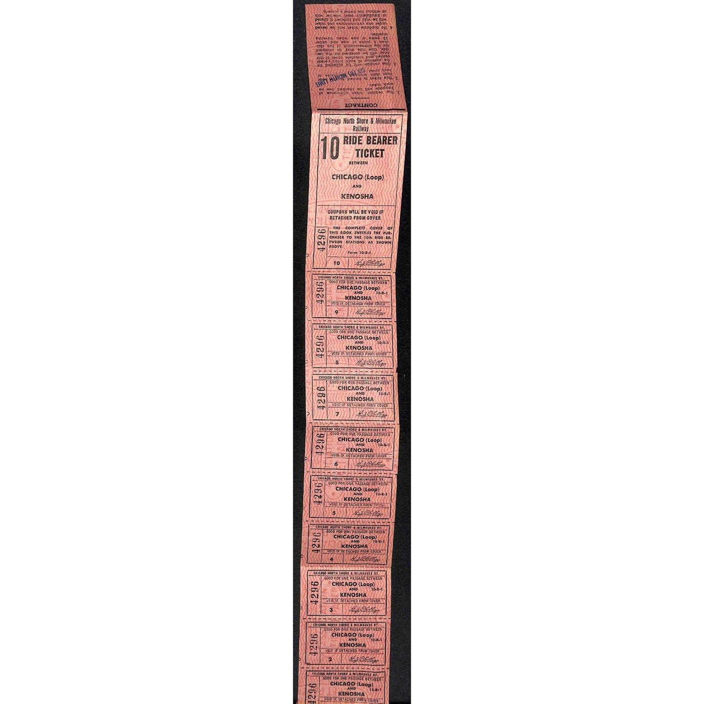 Chicago North 10 Ride Ticket Strip Complete Chicago (Loop) - Kenosha 21" #4296