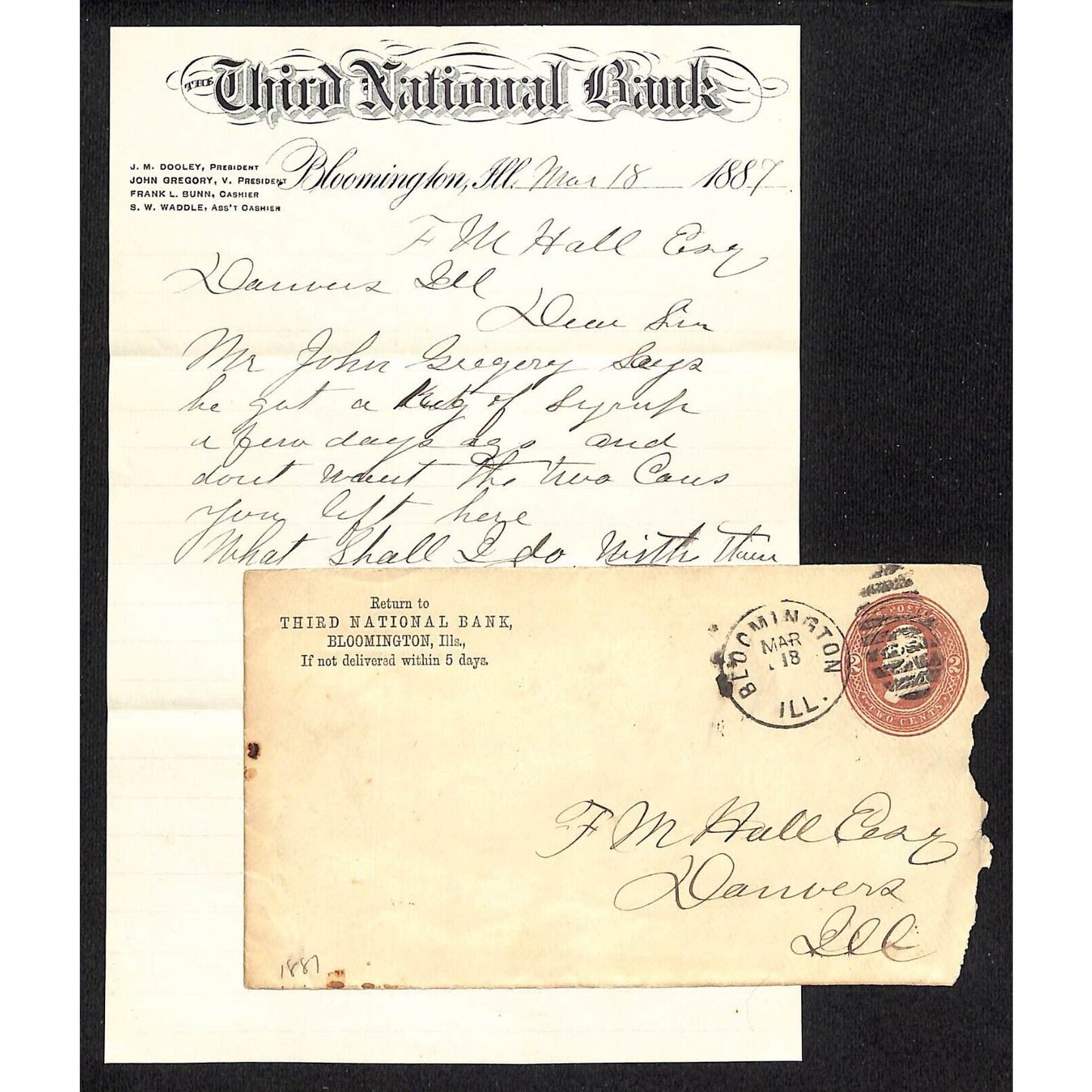 Third National Bank Bloomington. IL 1887 ALS Letterhead