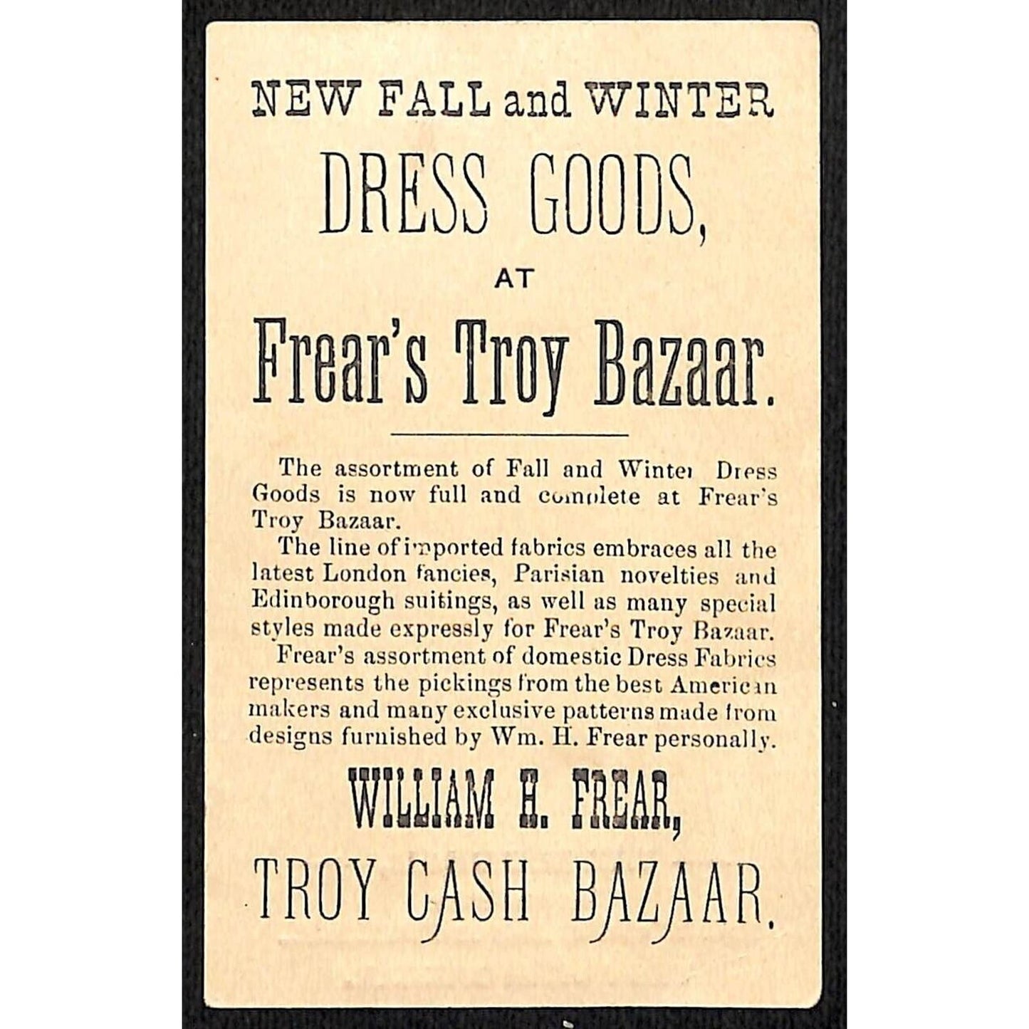 Frear's Troy Cash Bazaar Dry Goods Victorian Trade Card Girl Tambourine Dances