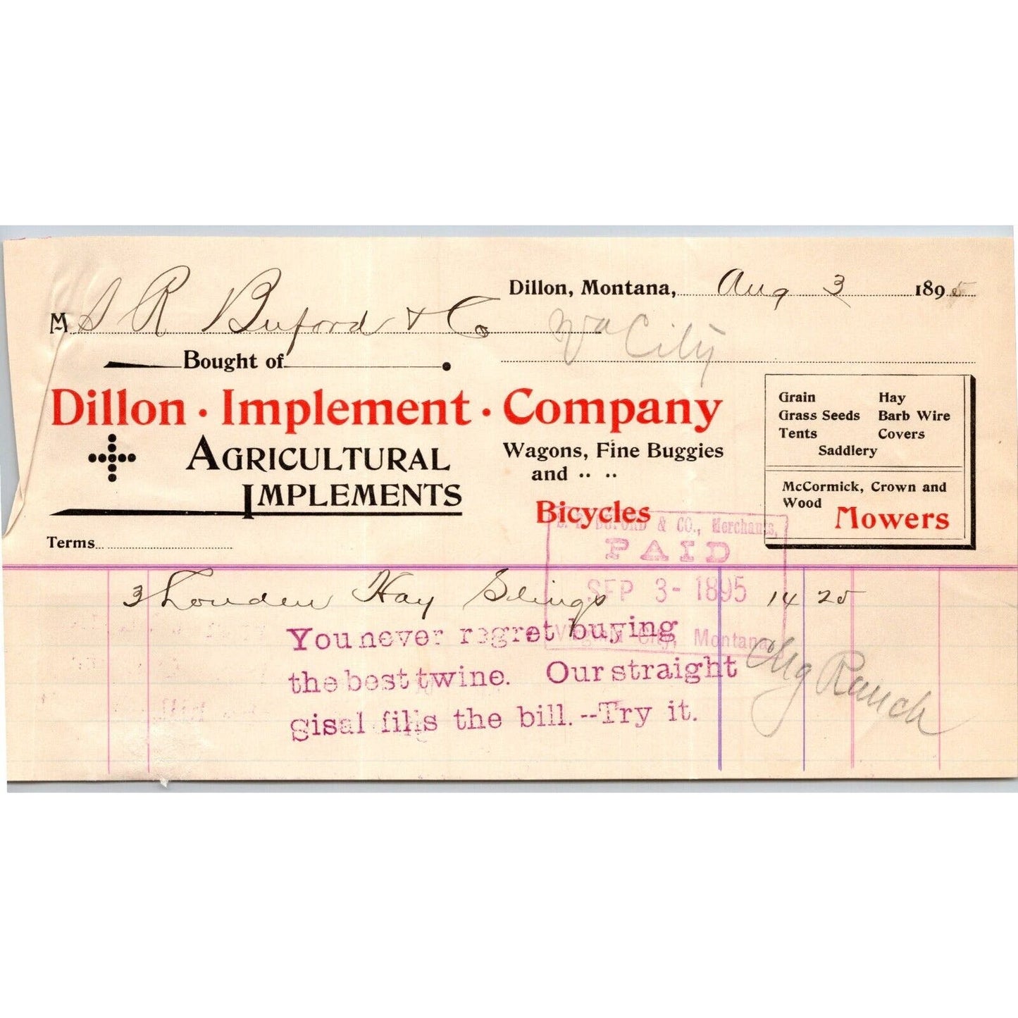 Dillon MT Dillon Implement Aug 1895 Bicycles Billhead S.R. Buford* Virginia City