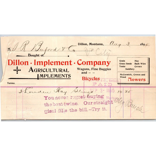 Dillon MT Dillon Implement Aug 1895 Bicycles Billhead S.R. Buford* Virginia City