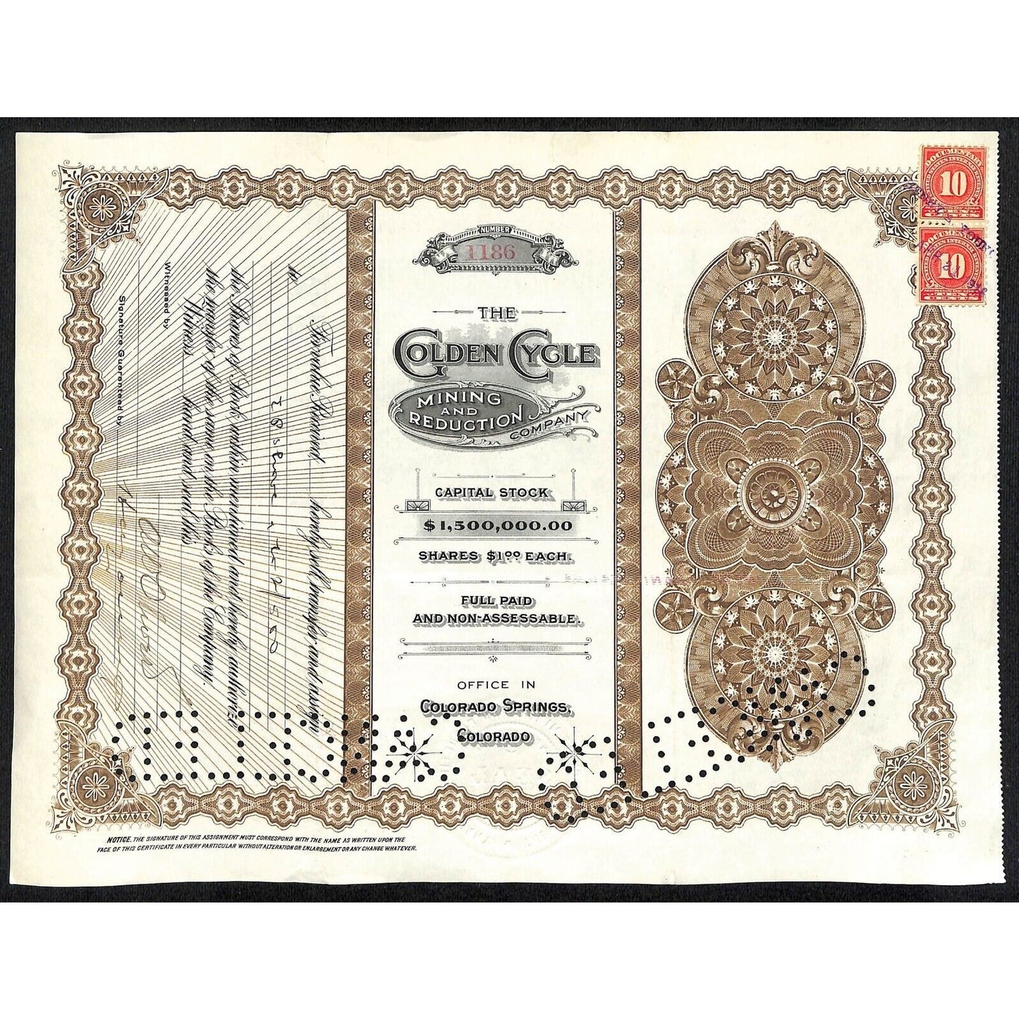 Golden Cycle Mining 1915 Stock Certificate w/ A.E. Carlton Sig. #1186