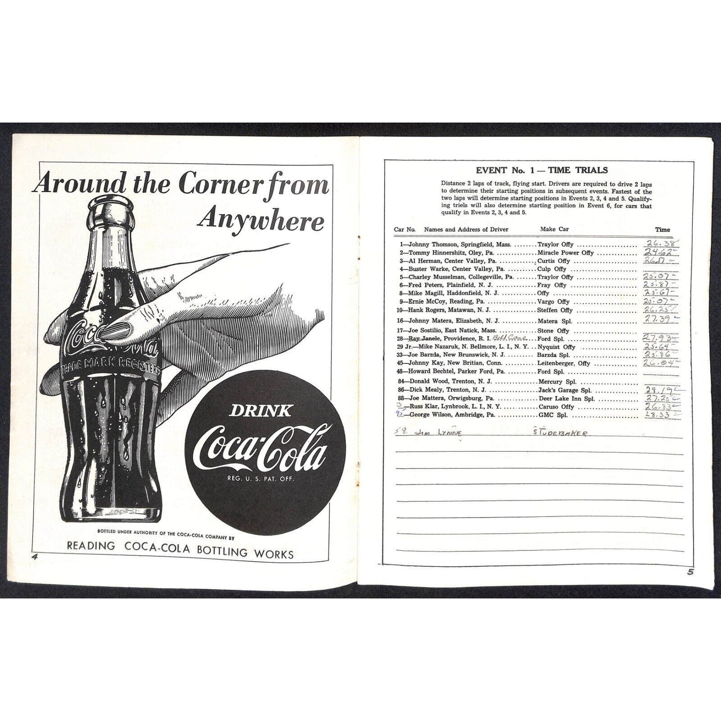 Reading Fairgrounds 1955 Auto Races AAA Racing Program 12pp* VGC Scarce