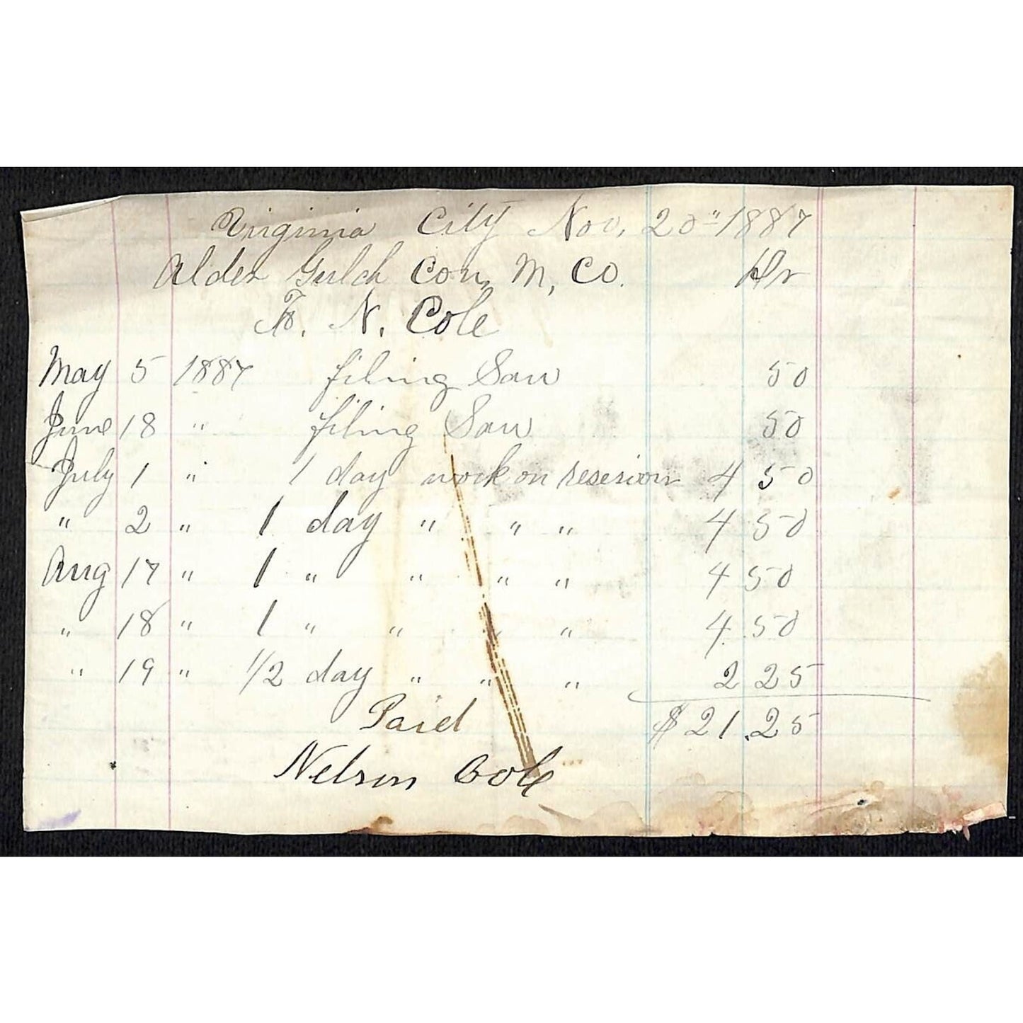 1887 Alder Gulch Consolidated Mining Co. Receipt for Labor Nelson Cole Scarce