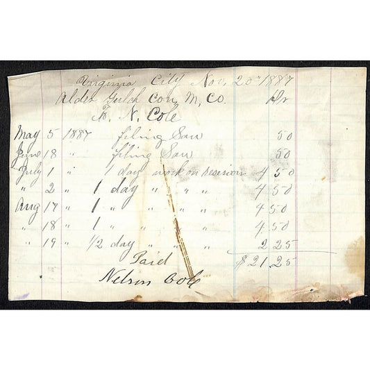 1887 Alder Gulch Consolidated Mining Co. Receipt for Labor Nelson Cole Scarce
