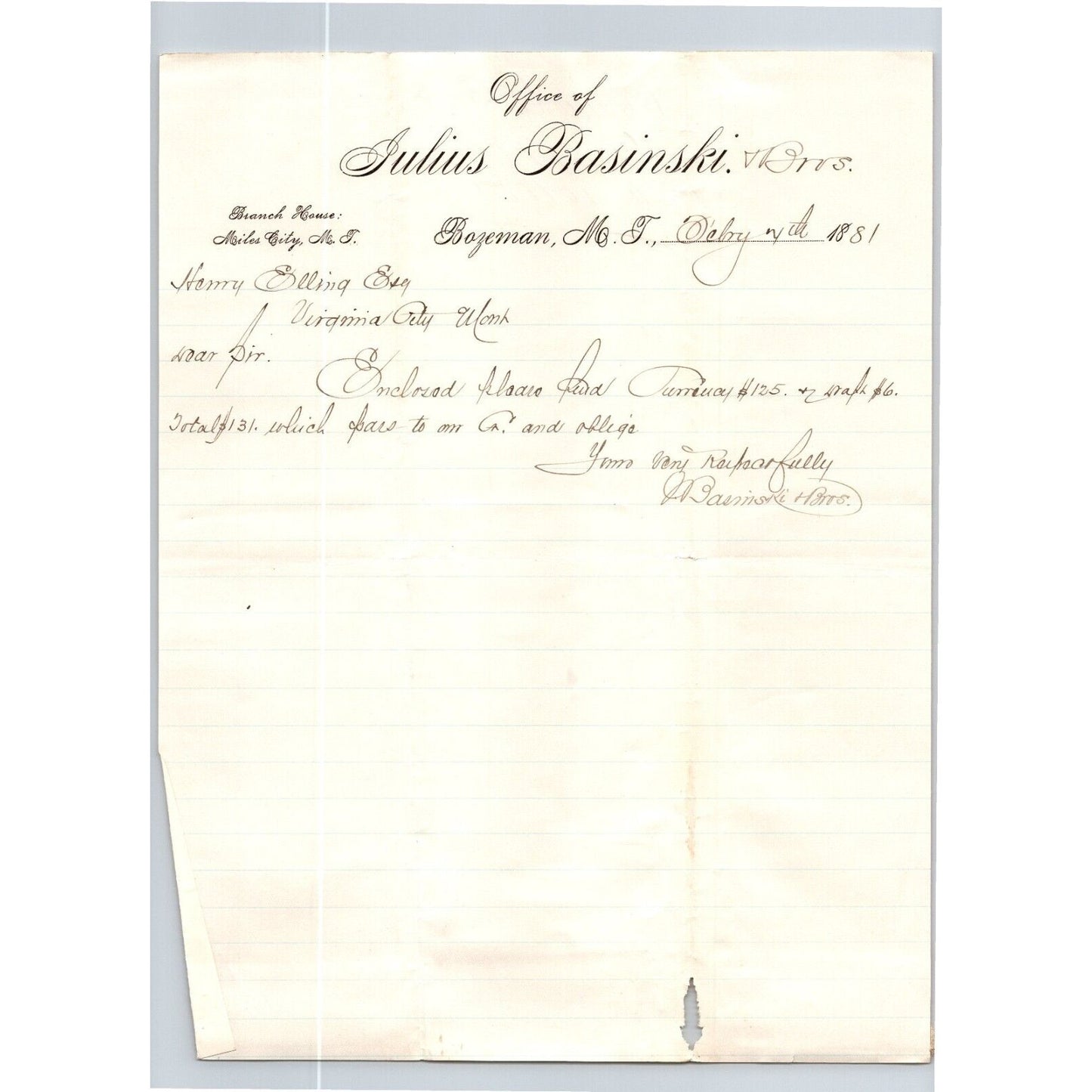 Julius Basinski (Stationers) Bozeman, MT 1881 ALS Letterhead Henry Elling*