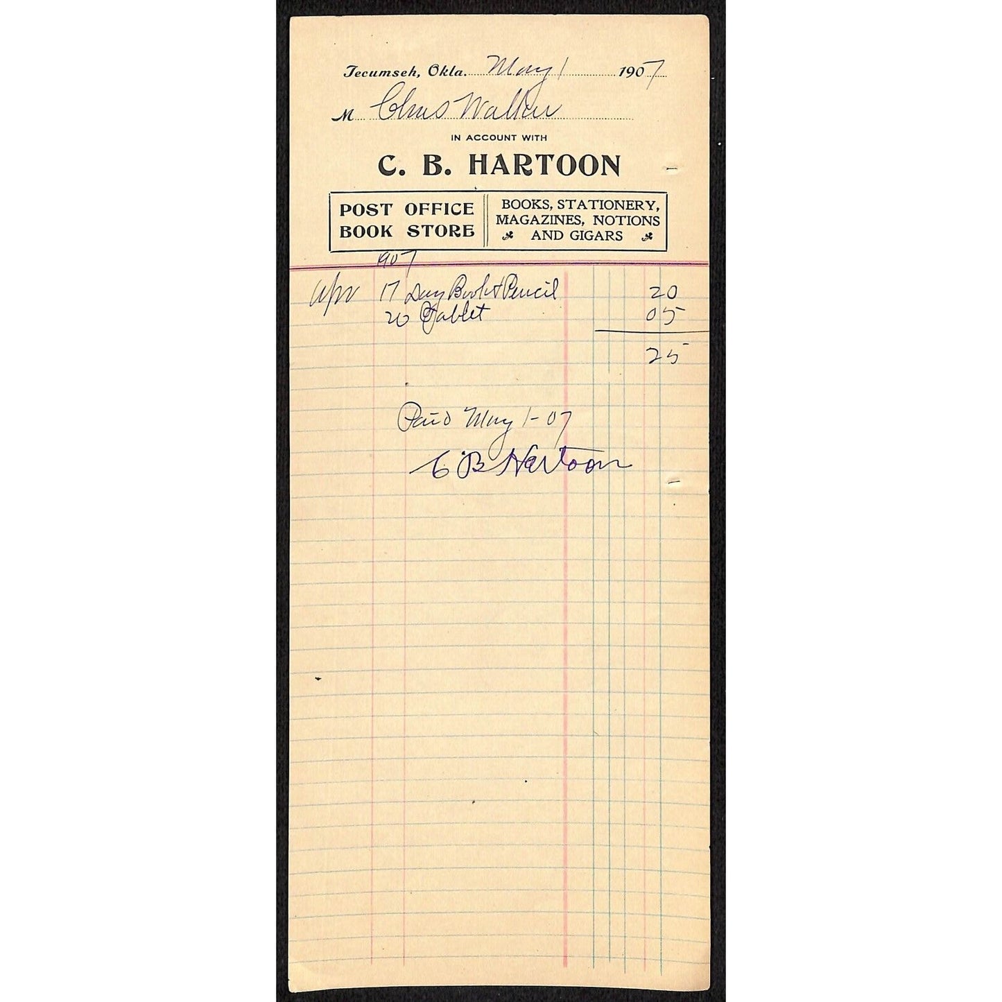 1907 C.B. Hartoon Post Office Book Store Tecumseh, OK Indian Territory Receipt