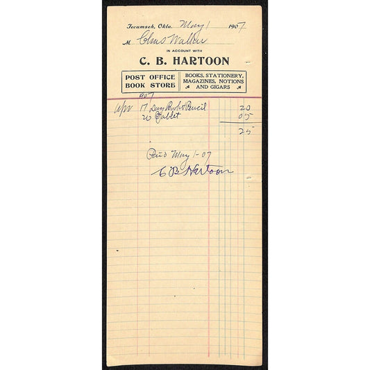 1907 C.B. Hartoon Post Office Book Store Tecumseh, OK Indian Territory Receipt