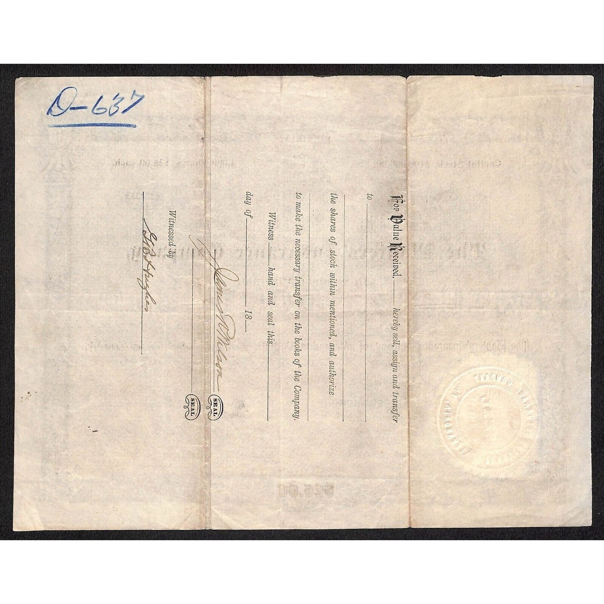 The Planters Insurance Co Alexandria VA 1893 Stock Certificate James R. Wilson