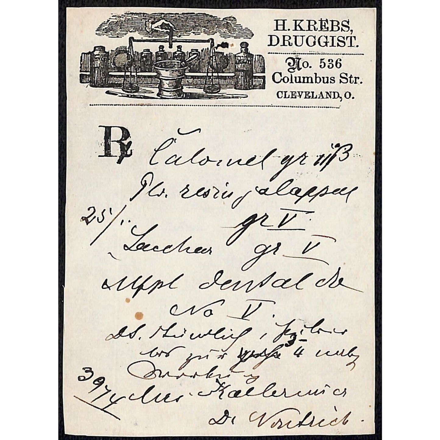 H. Krebs, Druggist Columbus St. Cleveland c1870's* Prescription #3974