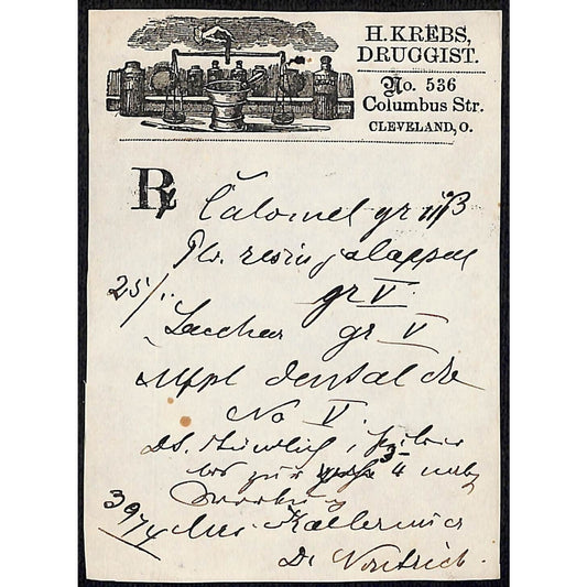 H. Krebs, Druggist Columbus St. Cleveland c1870's* Prescription #3974