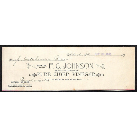 F.C. Johnson Vinegar Kishwaukee, IL HJ Hutchinson Decorah IA* Cut 1896 Billhead