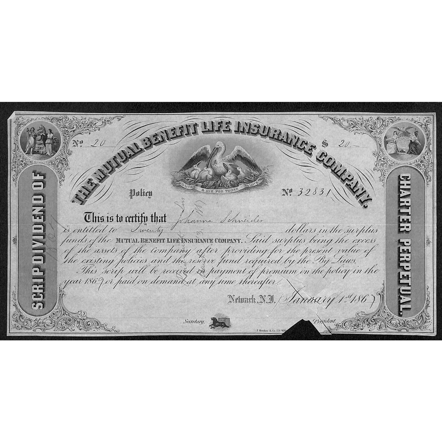 Mutual Benefit Life Insurance Co. 1867 Dividend Certificate to Johanna Schneider