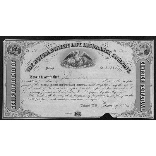 Mutual Benefit Life Insurance Co. 1867 Dividend Certificate to Johanna Schneider