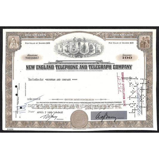New England Telephone and Telegraph 1964 Stock Certificate Hope / Dirigo Vtg.VGC