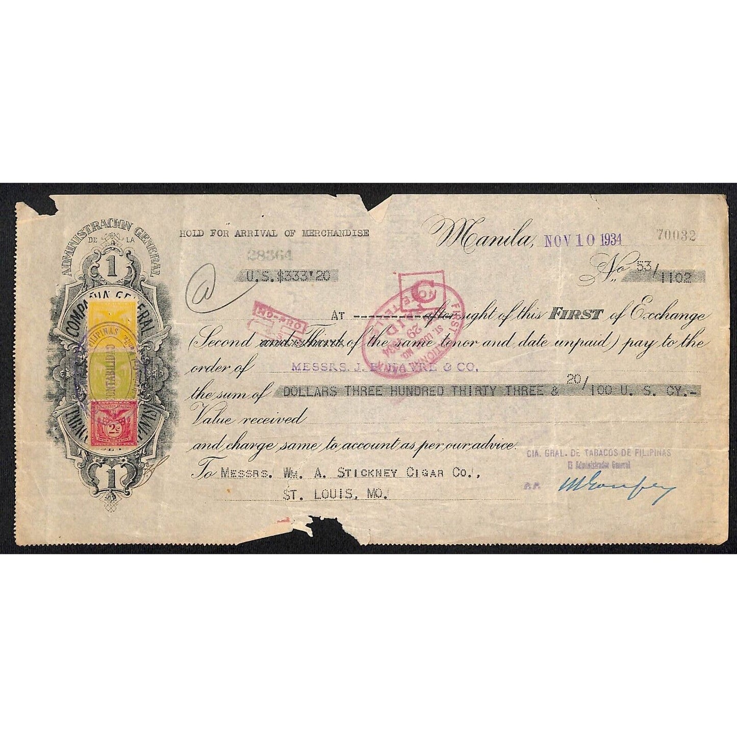 1934 Manila J.B. Harve & Co. / Stickney Cigar Co. First of Exchange #70032