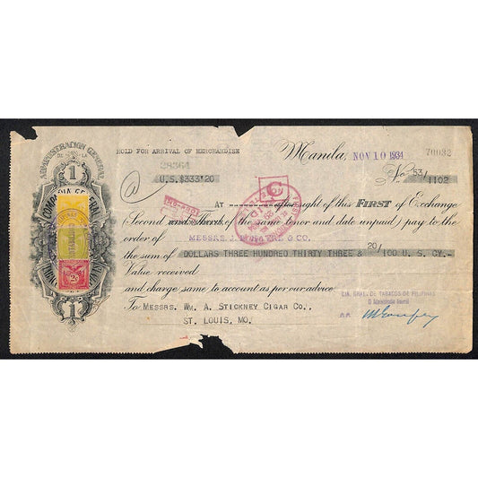 1934 Manila J.B. Harve & Co. / Stickney Cigar Co. First of Exchange #70032