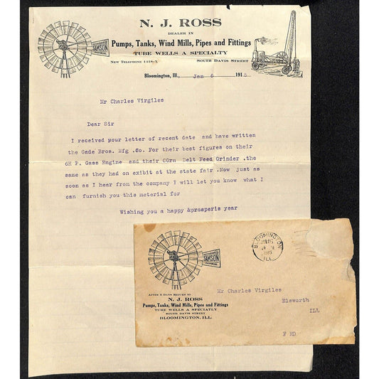 N.J. Ross Bloomington, IL Wind Mills Pumps Tanks 1915 Adv. Letterhead & Cover