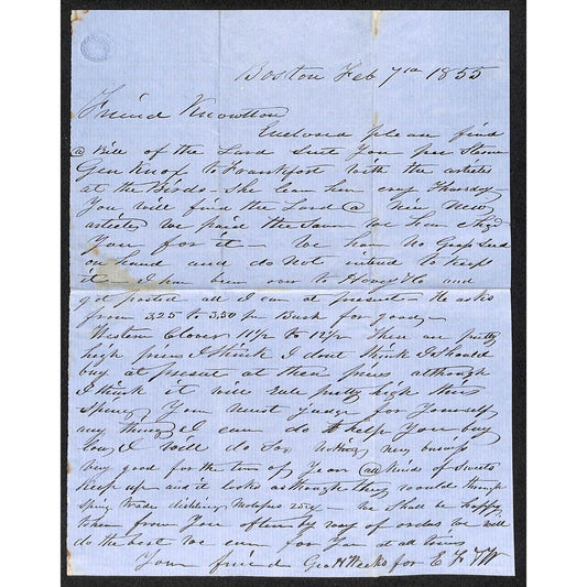1855 ALS to Jabez Knowlton* Newburgh, ME re: Lard Suit and Western Clover etc..