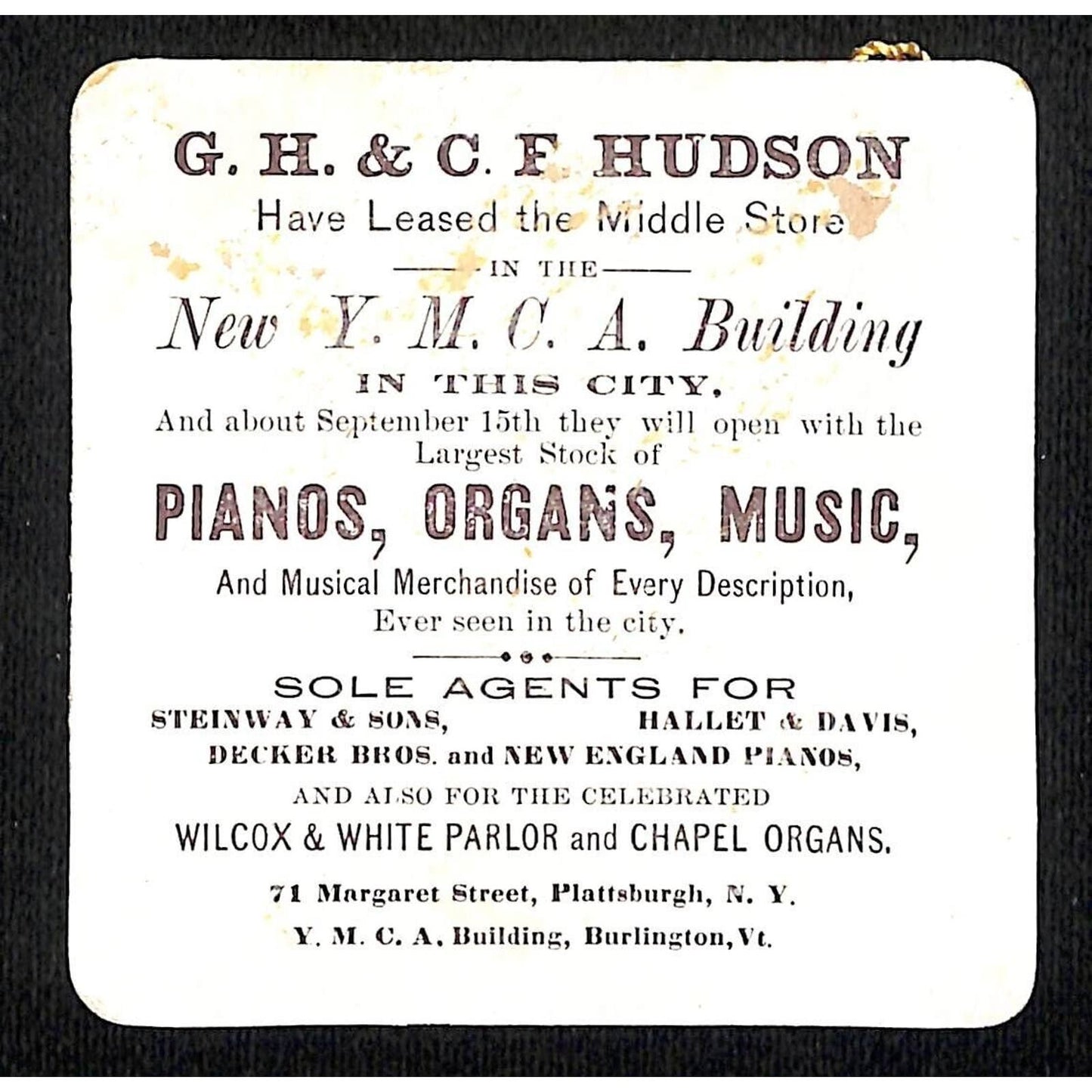 G.H. & C.J. Hudson Music Dealers Steinway Burlington, VT Victorian Trade Card