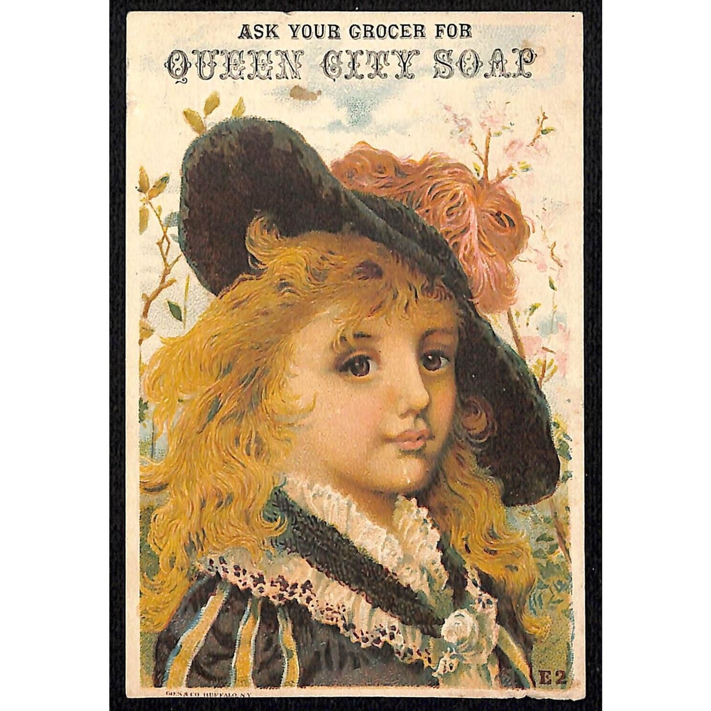 Burlington, VT Queen City Soap Works Trade Card Girl w/ Fancy Feather Hat