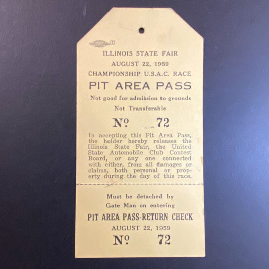 1959 Illinois State Fair USAC Pit Area Pass w/ Gate Man Return Check VGC Scarce