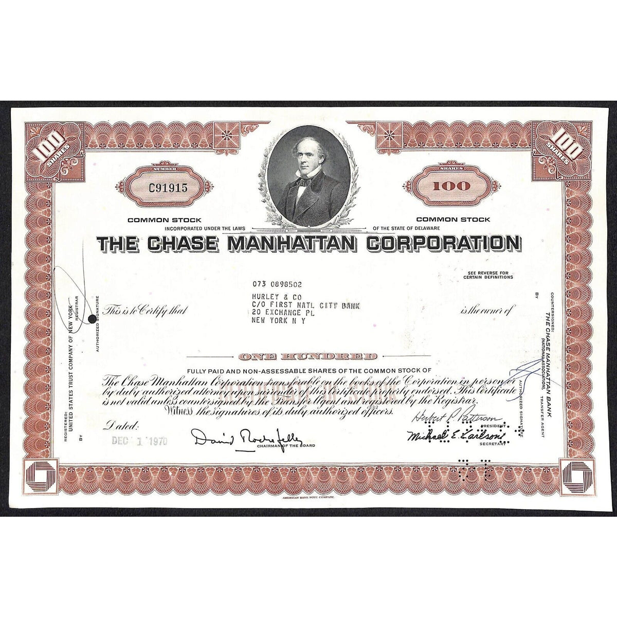 Chase Manhattan Corp 1970 Stock Certificate Hurley & Co VGC Early Logo*