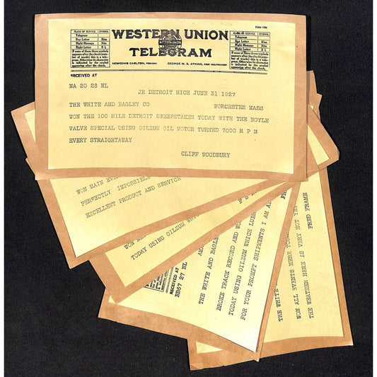 Western Union "Telegram* ?" Group of 5 1927 w/ Oilzum Racing Testimonials - ADV?