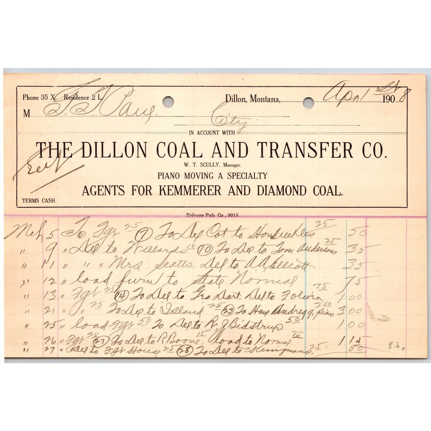 Dillon, MT Dillon Coal & Transfer Co "Piano Moving" Apr 1908 Billhead G.T. Paul*