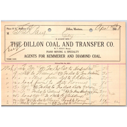 Dillon, MT Dillon Coal & Transfer Co "Piano Moving" Apr 1908 Billhead G.T. Paul*