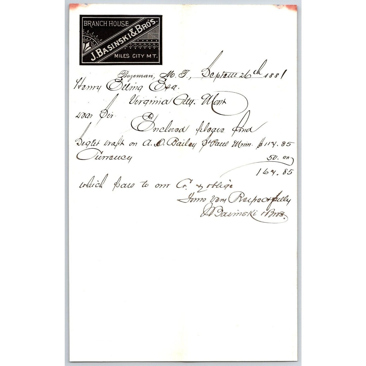 J. Basinski & Bros. Bozeman, MT (Dry Goods) 9/26 1881 Letterhead Henry Elling*