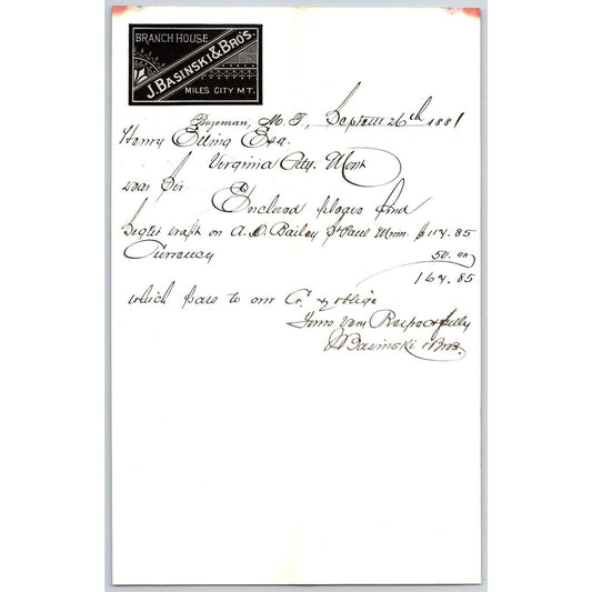 J. Basinski & Bros. Bozeman, MT (Dry Goods) 9/26 1881 Letterhead Henry Elling*