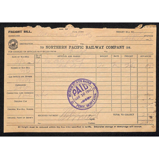 Northern Pacific Railway 1912 Freight Receipt Morris State Bank Pony, MT