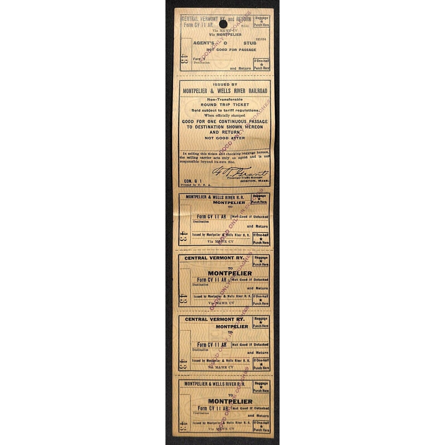 Montpelier and Wells River Railroad Unused Round Trip Ticket Scarce c1941 #43