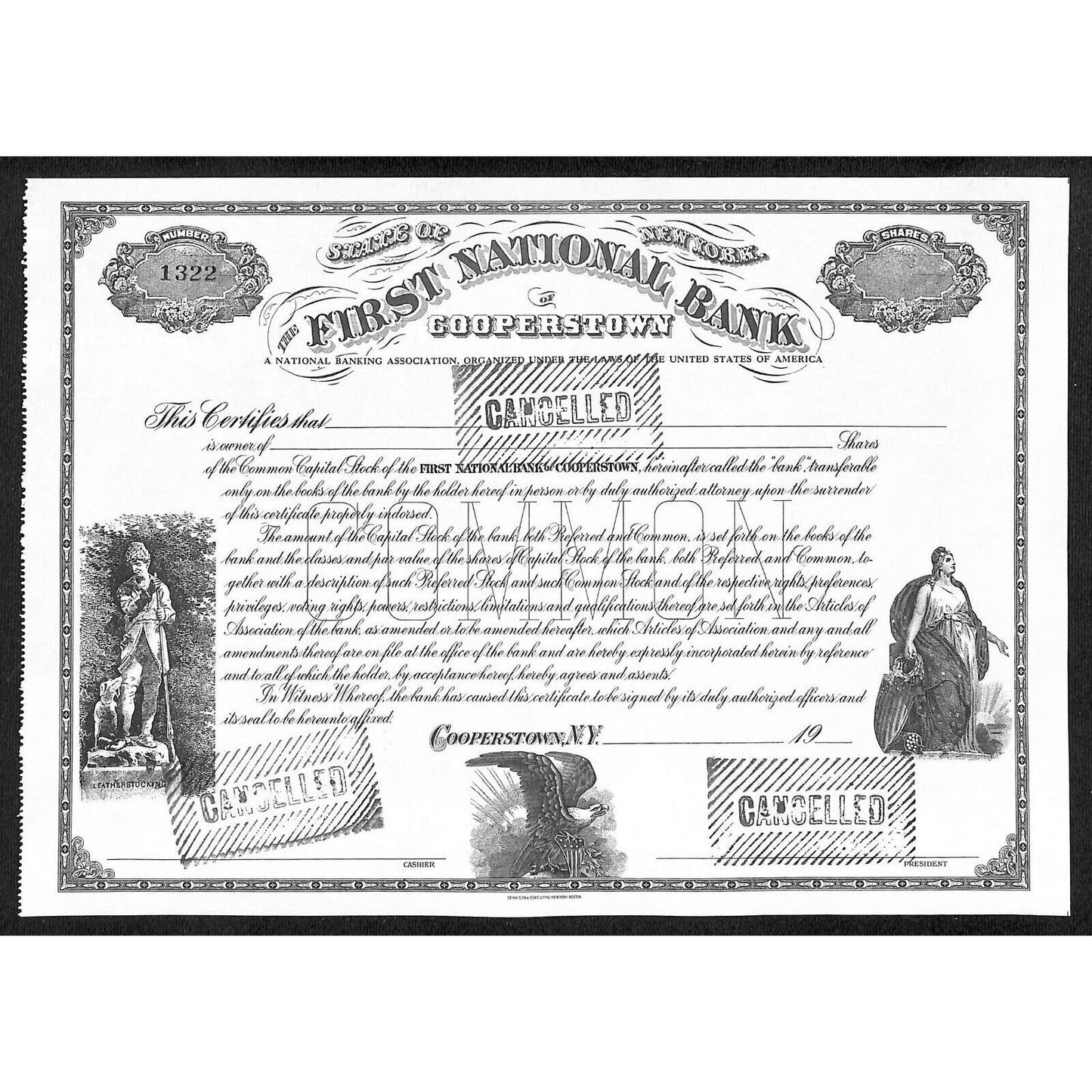 First National Bank of Cooperstown NY c1920's-30's Unissued Stock Certificate
