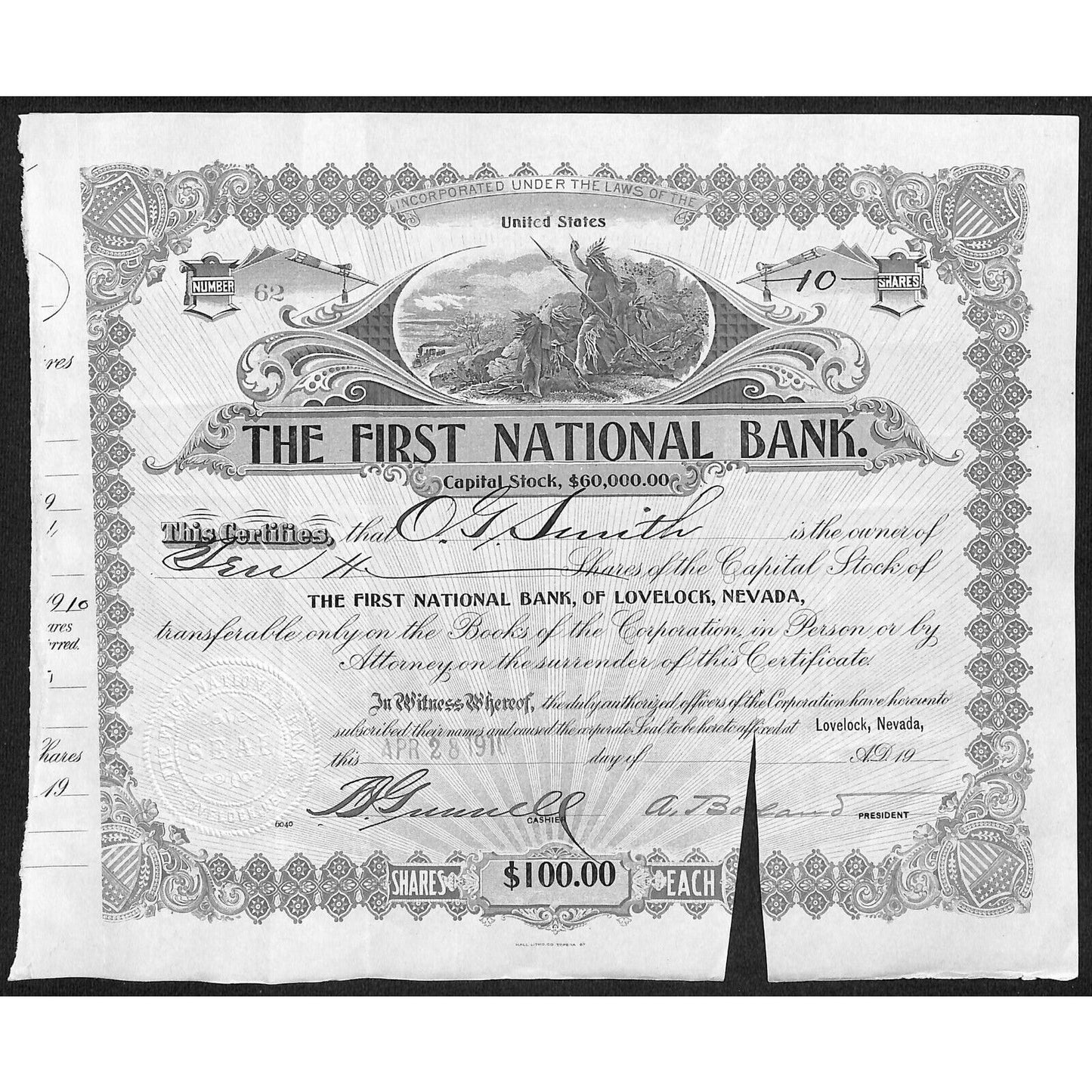 First National Bank of Lovelock, NV 1910 Stock Certificate to: O.G. Smith *