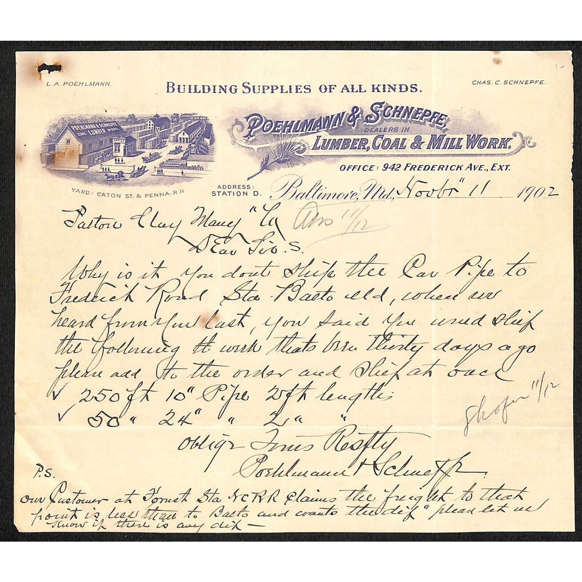 Poehlmann & Schnepfe Baltimore Lumber Coal Millwork 1902 ALS Billhead Scarce VGC