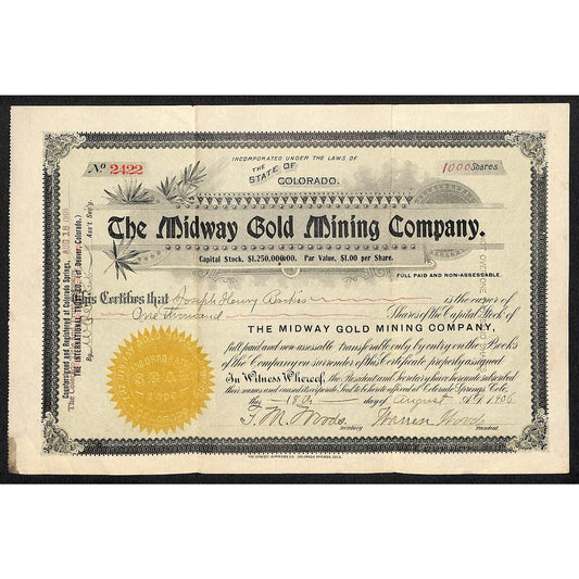 Midway Gold Mining Co. 1906 Stock Certificate w/ Warren Woods Sig. #2422
