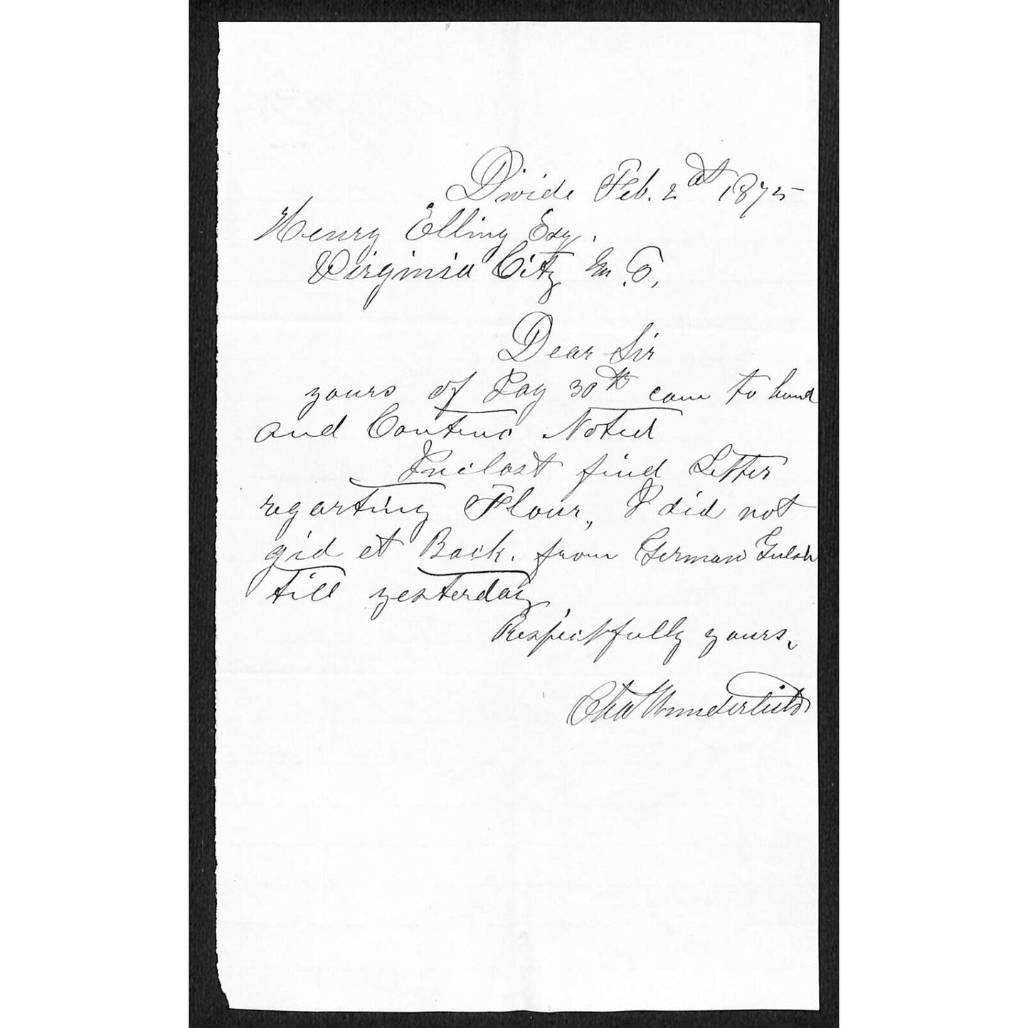 1875 ALS to Henry Elling* Virginia City, from Charles Wunderlich*, Divide, MT