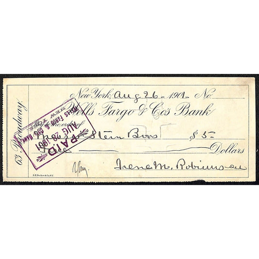 1901 Wells Fargo & Co Bank 63 Broadway NYC Check to Stern Brothers $5