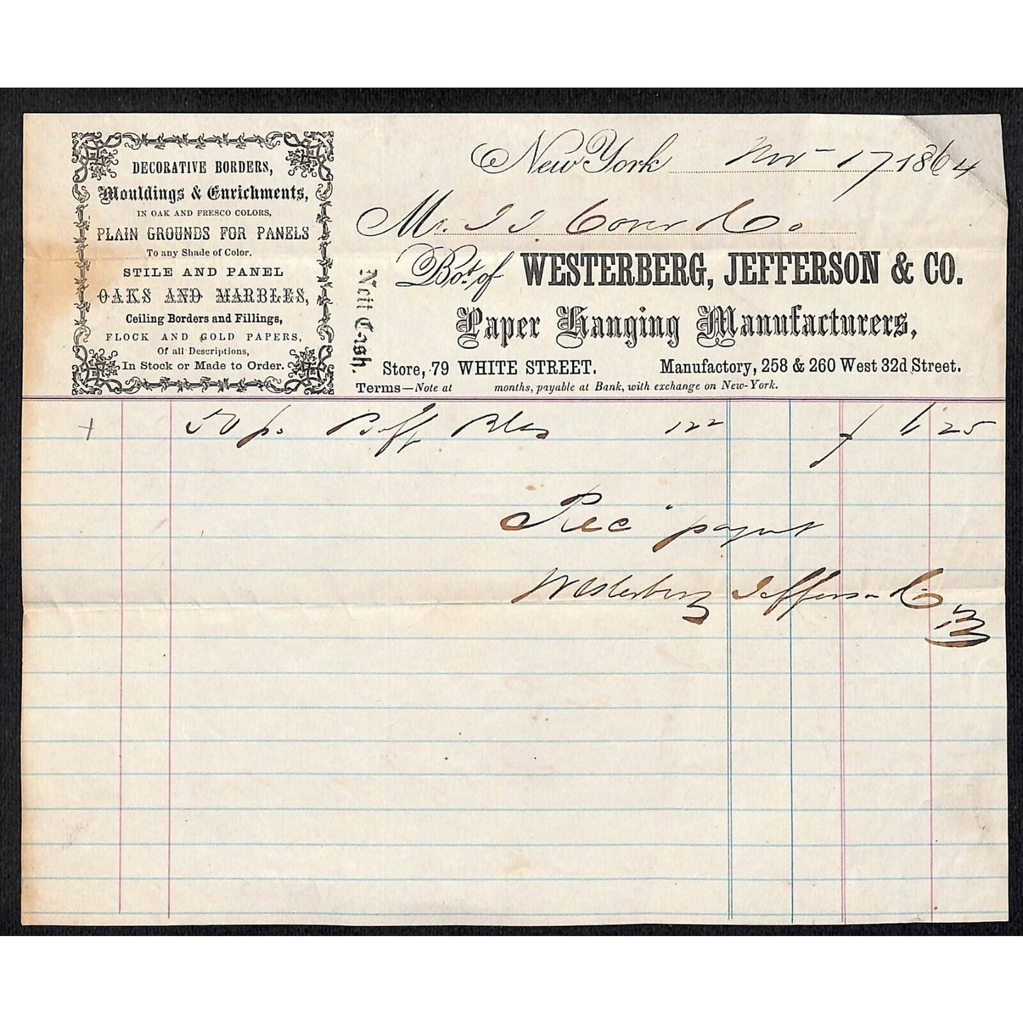 Westerberg, Jefferson & Co. Paper 1864 J.J. Cover, Johnsville, OH* Billhead