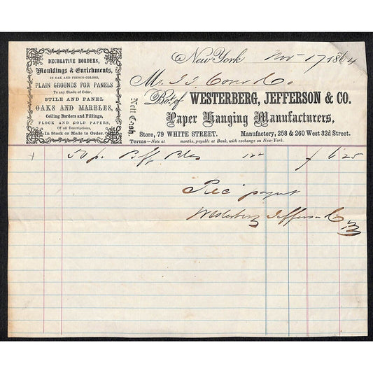 Westerberg, Jefferson & Co. Paper 1864 J.J. Cover, Johnsville, OH* Billhead