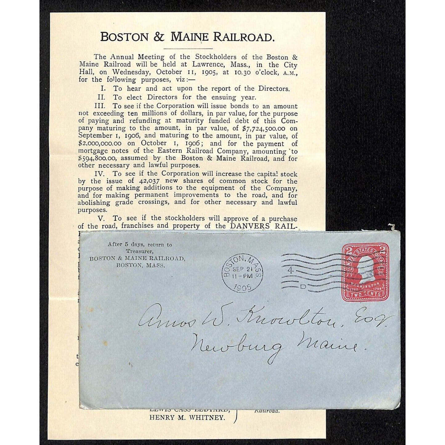 Boston, MA 1905 Boston & Maine Railroad Stockholder's Meeting Notice Knowlton*