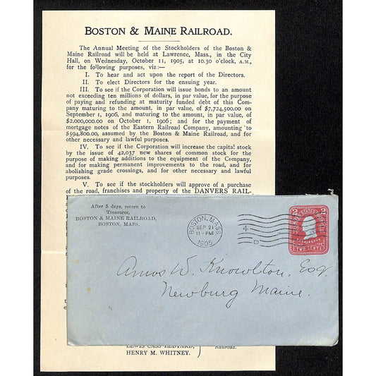 Boston, MA 1905 Boston & Maine Railroad Stockholder's Meeting Notice Knowlton*