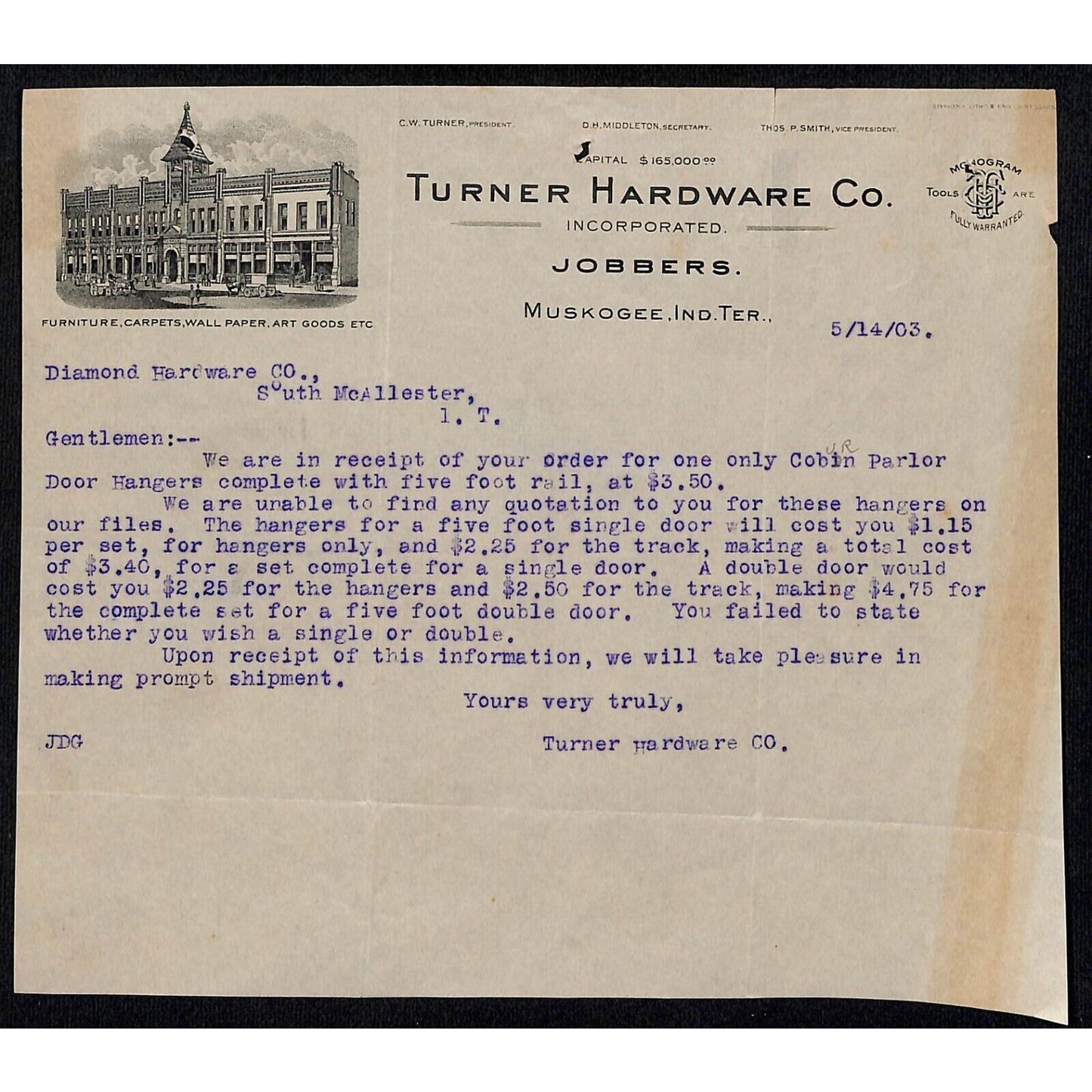 1903 Turner Hardware Co. Muskogee OK Indian Territory Letterhead Scarce